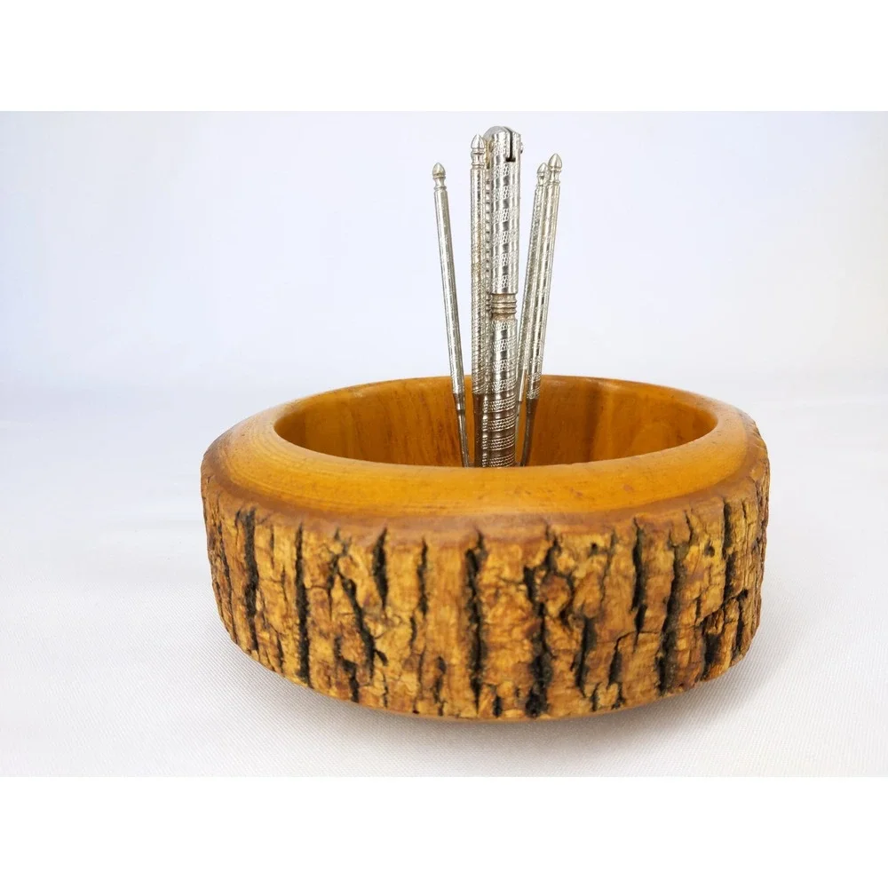 Vintage Nutcracker Set Brown Live Edge Wood Bowl Metal Tools Rustic Cabin